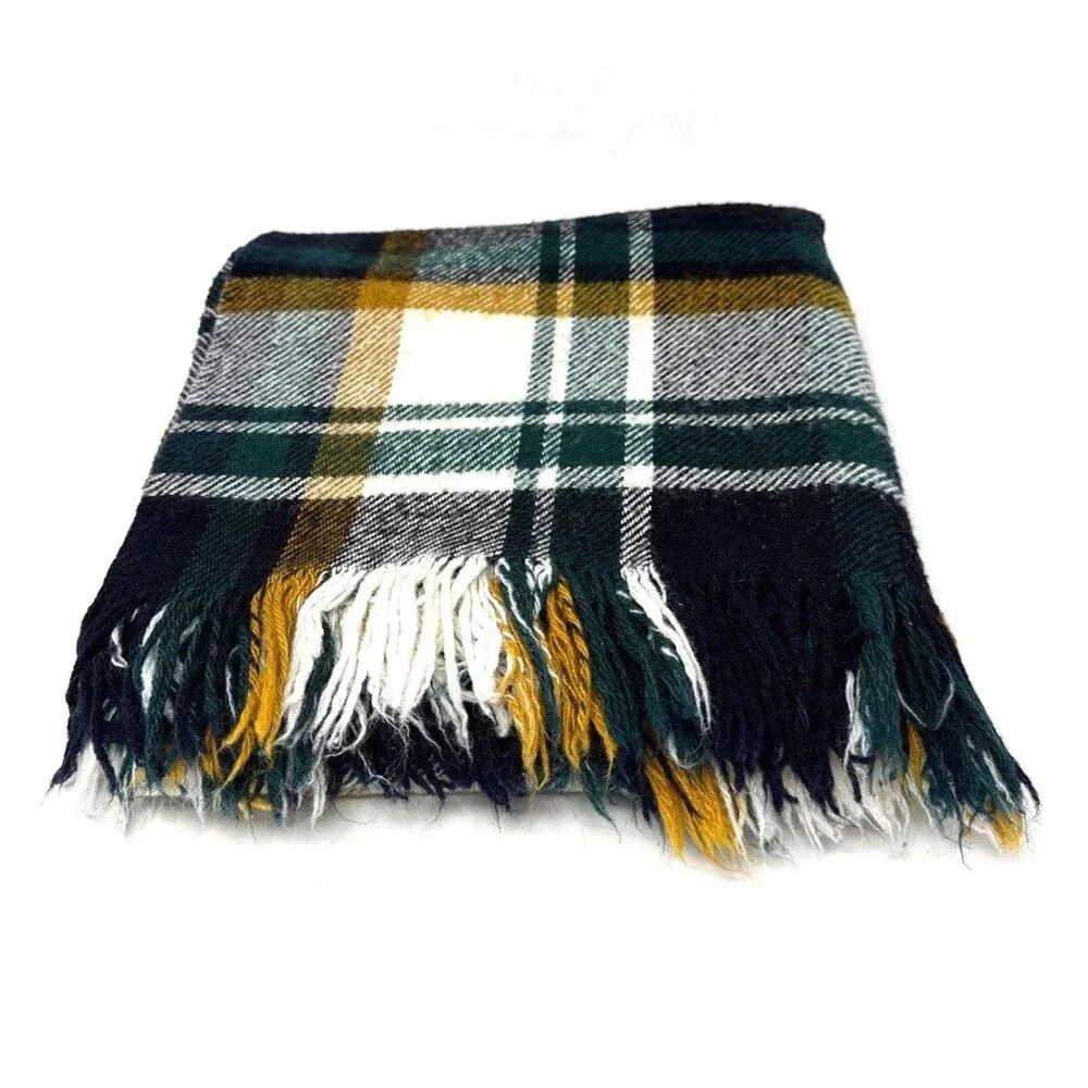 Vtg Troy Wool Leisure Blanket Green Navy Plaid Stadium Throw Fringe 48x53 USA